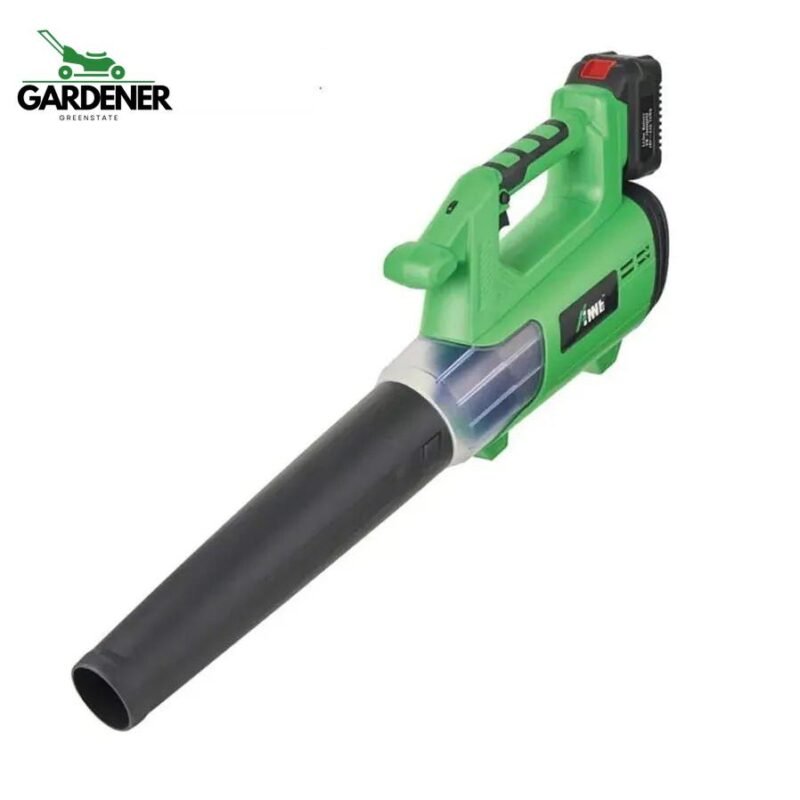 Cordless leaf blower vacuum with 18V lithium battery in garden