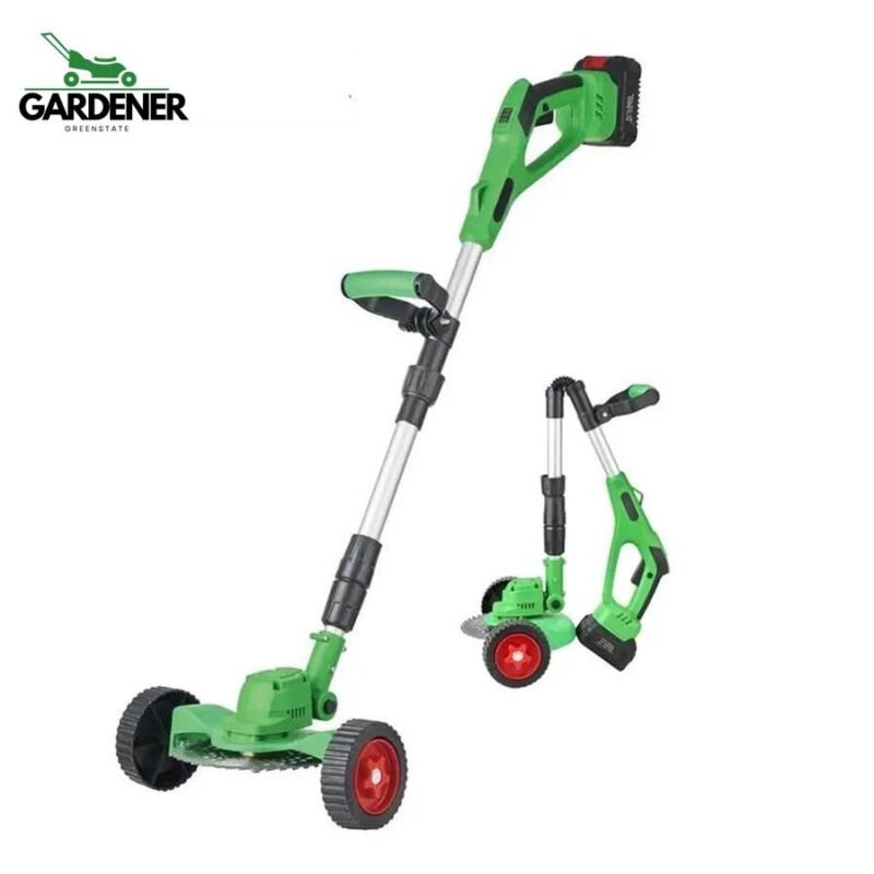 18V cordless electric lawn mower with brushless motor cutting grass in garden