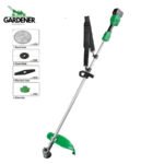 Small cordless lawn mower with square blade trimming flat garden lawn