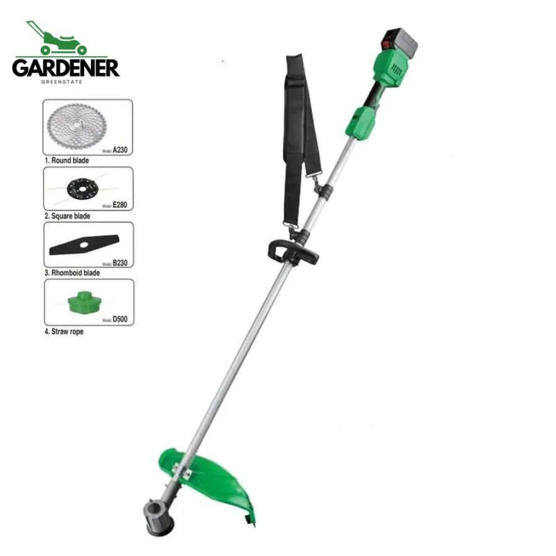 Small cordless lawn mower with square blade trimming flat garden lawn