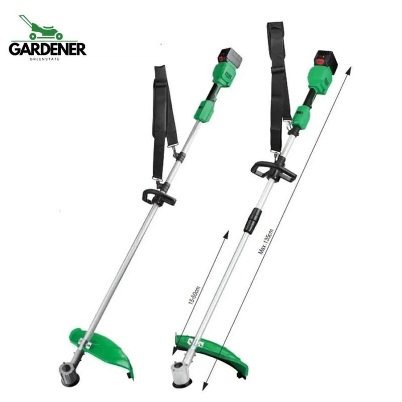 Cordless lawn mower with battery and charger trimming garden grass